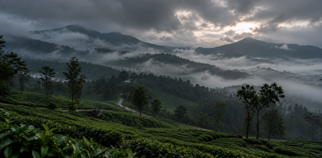 Scenic tea plantations and misty mountains in Wayanad Kerala